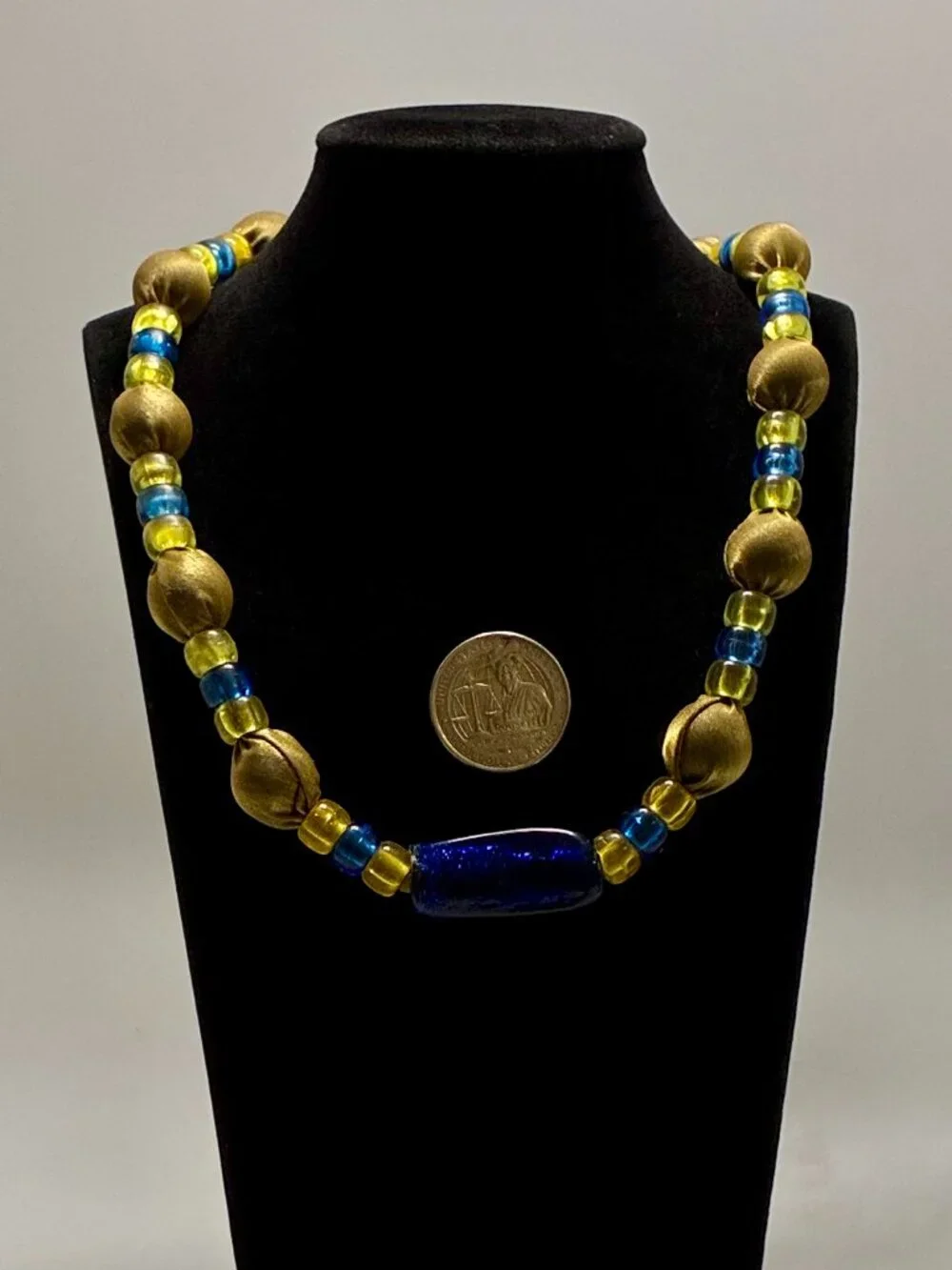 Rare Vintage Napier Runway Necklace Gold Fabric Beads Cobalt Blue Glass Accent